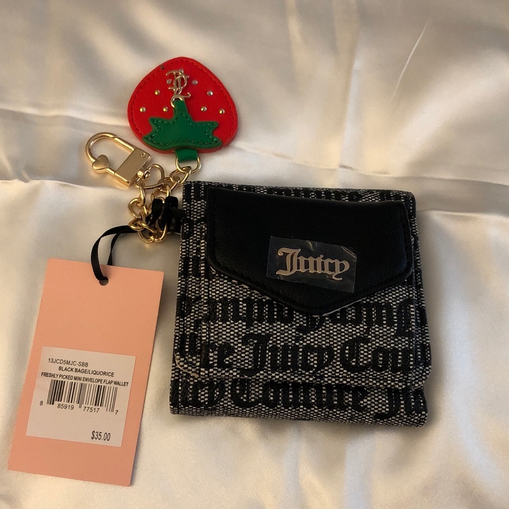 Juicy Couture Black Beige Liquorice Freshly Picked Mini Envelope Flap Wallet NWT